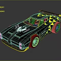 Black Racing Car With Yellow Geometric Patterns Rear Spoiler And Front Logo