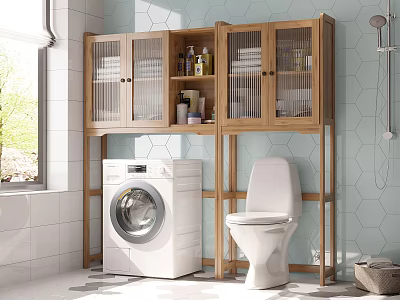 Wooden Bathroom Storage Cabinet Shelf With Glass Doors Washing Machine And Toilet 3d model
