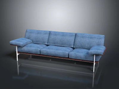 Modern Blue Fabric Three Seater Sofa With Metal Legs And Armrests 3d model