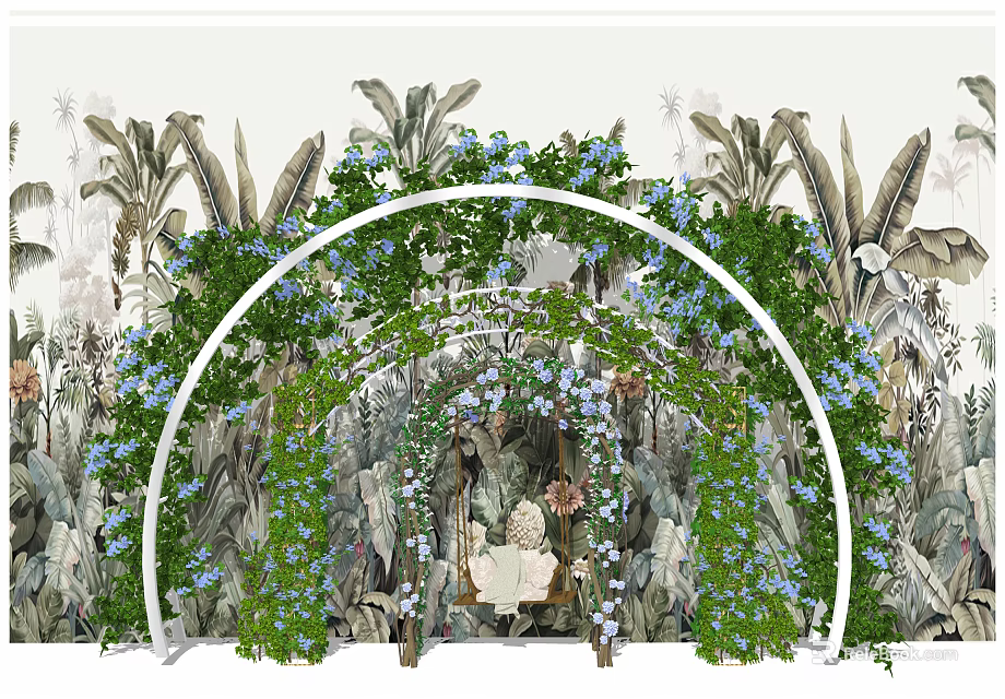 Decorative Event Entrance With Arched Structure Green Vines And Blue Flowers 3d model 
