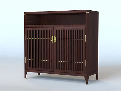 Dark Wood Chinese Style Sideboard With Vertical Slat Doors Gold Handles And Slim Legs 3d model