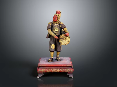 Ancient Soldier Statue With Red Helmet Armor And Circular Shield On Red Base Golden Decoration 3d model