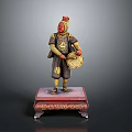 Ancient Soldier Statue With Red Helmet Armor And Circular Shield On Red Base Golden Decoration