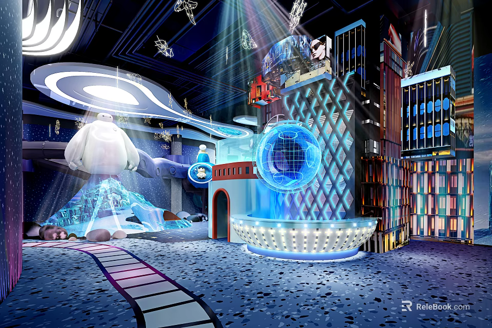 Futuristic Themed Interior Design With Neon Lights Geometric Structures And Blue Circular 3d model