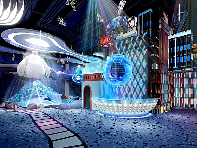 Futuristic Themed Interior Design With Neon Lights Geometric Structures And Blue Circular 3d model