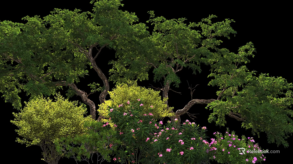 Lush Green Shrubs With Pink Flowers And Lush Foliage In Garden 3d model 