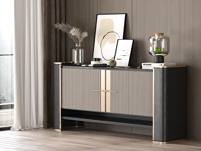 Elegant Modern Entryway Cabinet Sideboard with Black Gold Frame Decorative Vases and Wooden Wall 3d model