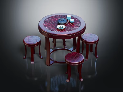Dark Wooden Round Table With Tea Set And Three Checkerboard Pattern Stools 3d model