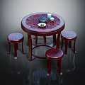Dark Wooden Round Table With Tea Set And Three Checkerboard Pattern Stools 3d model