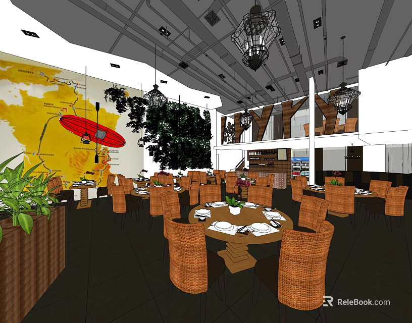 Restaurant Interior Design With Rattan Chairs Dining Tables Hanging Chandeliers And Green Plants 3d model 