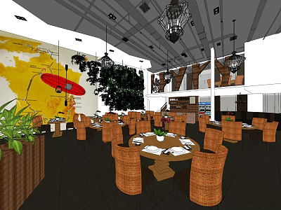 Restaurant Interior Design With Rattan Chairs Dining Tables Hanging Chandeliers And Green Plants 3d model