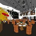 Restaurant Interior Design With Rattan Chairs Dining Tables Hanging Chandeliers And Green Plants