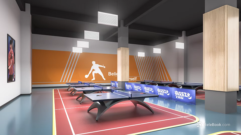 Indoor Table Tennis Fitness Court With Orange Wall Sports Silhouette And Lighting 3d model 