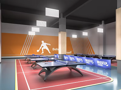Indoor Table Tennis Fitness Court With Orange Wall Sports Silhouette And Lighting 3d model