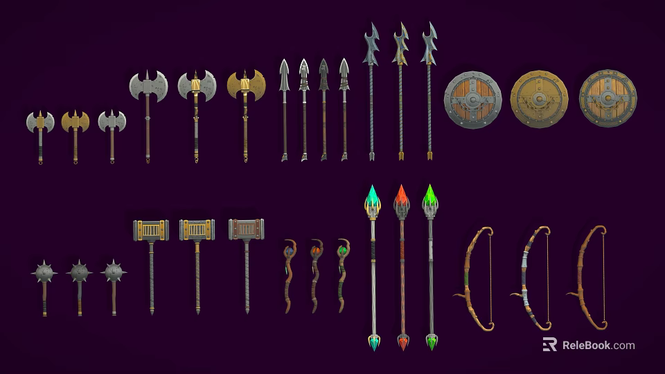 Various Medieval Fantasy Weapons Collection Including Axes Spears Shields Hammers Bows And Arrows 3d model 