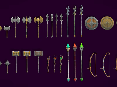 Various Medieval Fantasy Weapons Collection Including Axes Spears Shields Hammers Bows And Arrows 3d model