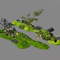 Lush Green Moss Landscape With Decorative Rocks Small Trees And Glowing Lights
