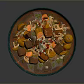Creamy Pink Soup in Green Bowl with Meat Potato Chunks Fresh Vegetables and Herbs