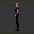3D Game Character Model With Pink Hair Dark Blue Top And Black Pants