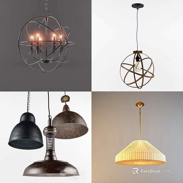 Modern Geometric and Industrial Chandeliers with Metal Frames Textured Shades and Candle Shaped Bulbs 3d model 
