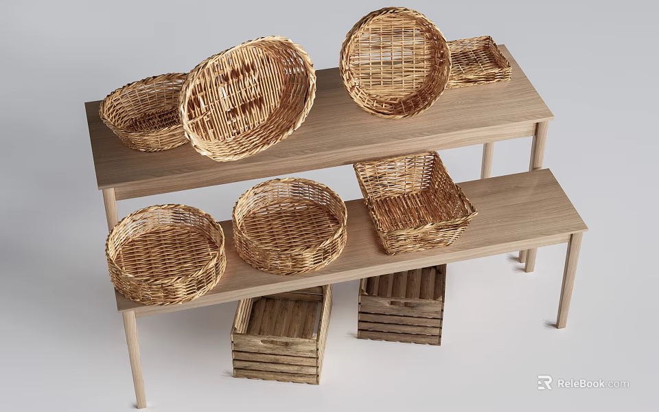 Multiple Woven Storage Baskets in Various Shapes Displayed on Wooden Shelf 3d model 