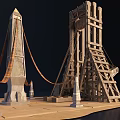 Ancient Wooden Mechanical Structures Featuring Large Wheels Wooden Frames And Ropes 3d model