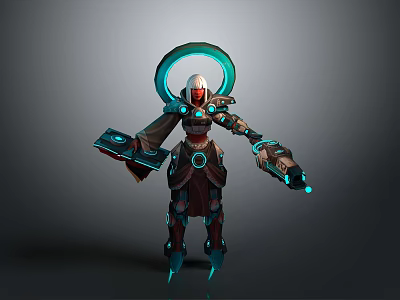 Futuristic Mechanical Character With Glowing Blue Rings Halo Structure And Mechanical Arms 3d model
