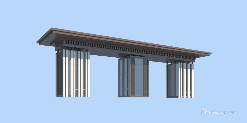 Modern Entrance Gate Design With Brown Roof And Striped Columns 3d model 
