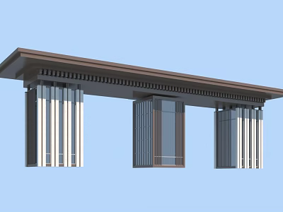 Modern Entrance Gate Design With Brown Roof And Striped Columns 3d model