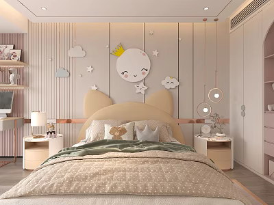 Cozy Kids Room Interior With Cartoon Moon Star Cloud Wall Decals And Cat Ear Headboard 3d model