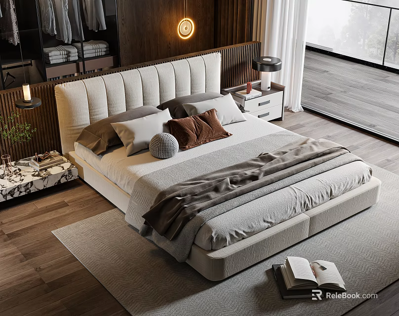 Double Bed with Beige Headboard Gray Brown Pillows Blanket Nightstand Table Lamp and Wooden Floor 3d model 
