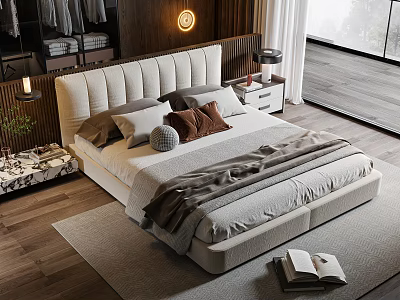 Double Bed with Beige Headboard Gray Brown Pillows Blanket Nightstand Table Lamp and Wooden Floor 3d model