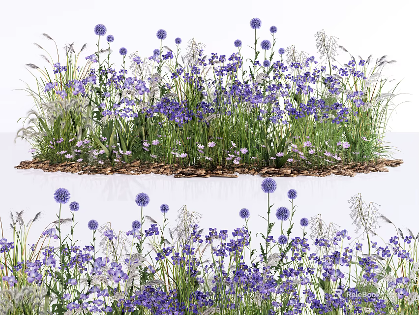 Vibrant Purple Blooming Flowers And Lush Green Grass In Natural Garden 3d model 