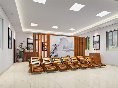 Serene Relaxation Space With Wooden Recliners Landscape Painting Ceiling Lights And Decorative Artworks 3d model