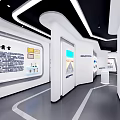 Modern Tech Exhibition Space With Curved White Structures And Display Screens 3d model