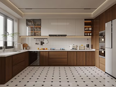 Modern Kitchen Interior Design With Stainless Steel Appliances Wooden Cabinets And White Countertops 3d model