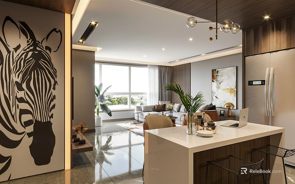 Modern Living And Dining Room Interior With Open Layout Counter Chandelier Sofa Plants And Artwork 3d model 
