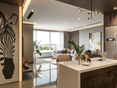 Modern Living And Dining Room Interior With Open Layout Counter Chandelier Sofa Plants And Artwork 3d model