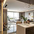 Modern Living And Dining Room Interior With Open Layout Counter Chandelier Sofa Plants And Artwork