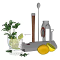 Fresh Lemons And Mint Leaves For Citrus Cocktail Making With Bartending Tools And Glass