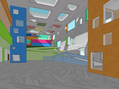 Colorful Kindergarten Interior Design With Bright Windows Colored Walls And Open Corridors 3d model