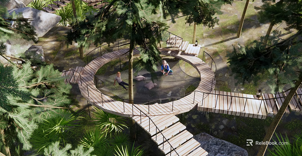 Scenic Park Landscape With Circular Wooden Walkway Trees Seating And Lush Greenery 3d model 