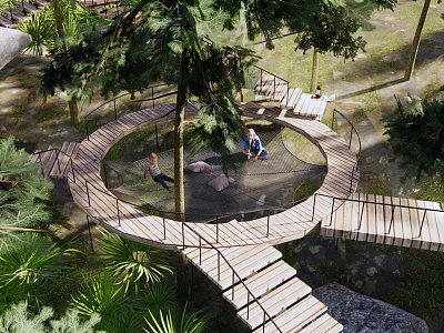 Scenic Park Landscape With Circular Wooden Walkway Trees Seating And Lush Greenery 3d model