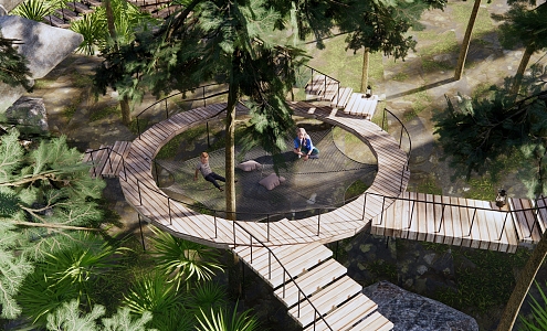 Modern Park Forest Mountain Park Landscape Forest Wooden Plank Road Children's Trampoline Forest Bird's Nest Viewing Platform Hiking Trail 3d model