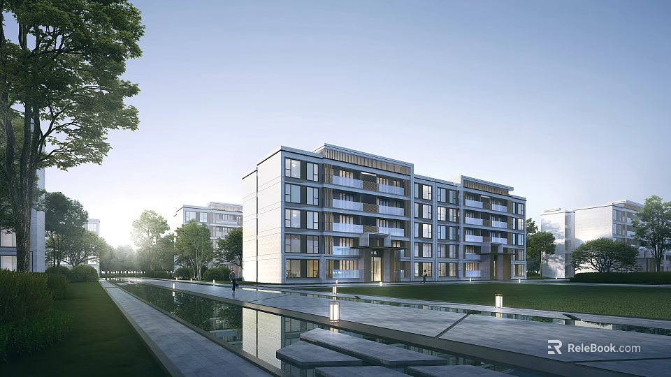 Modern Residential Building With Water Feature Green Lawn And Glass Facade Balconies 3d model 