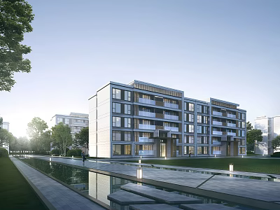 Modern Residential Building With Water Feature Green Lawn And Glass Facade Balconies 3d model