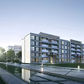 Modern Residential Building With Water Feature Green Lawn And Glass Facade Balconies