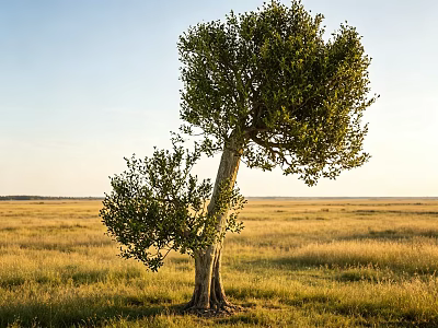 Single Tree With Curved Trunk And Lush Green Canopy In Vast Grassland Under Clear Sky 3d model