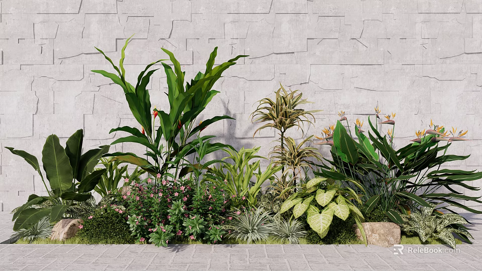 Lush Plant Combination With Tropical Green Foliage Flowering Plants Stone Wall And Pathway 3d model 
