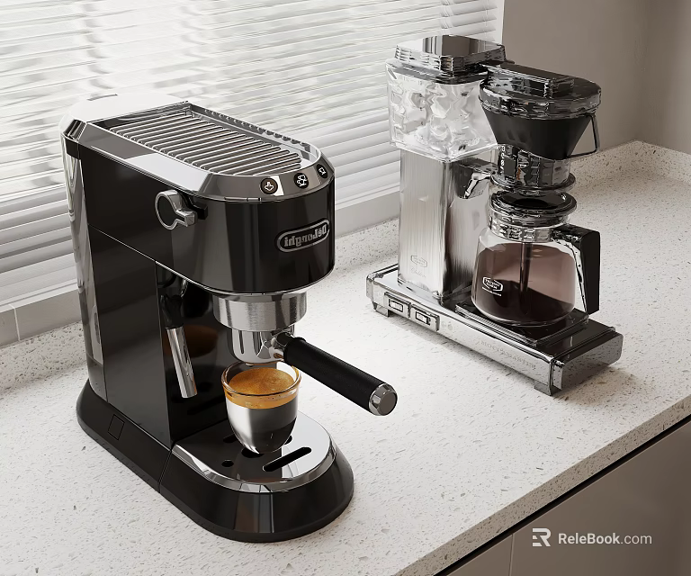 Stylish Black And Silver Coffee Machines On Kitchen Countertop With Window Blinds 3d model 